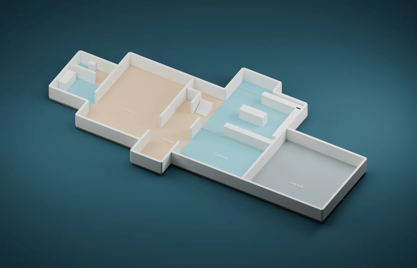 Three-dimensional ground-floor cutaway of 3 Brook Way, with the kitchen, dining and laundry areas highlighted in blue