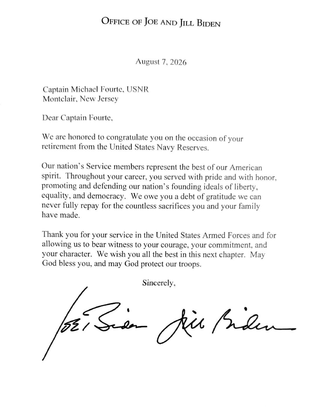Retirement letter from Joe & Jill Biden