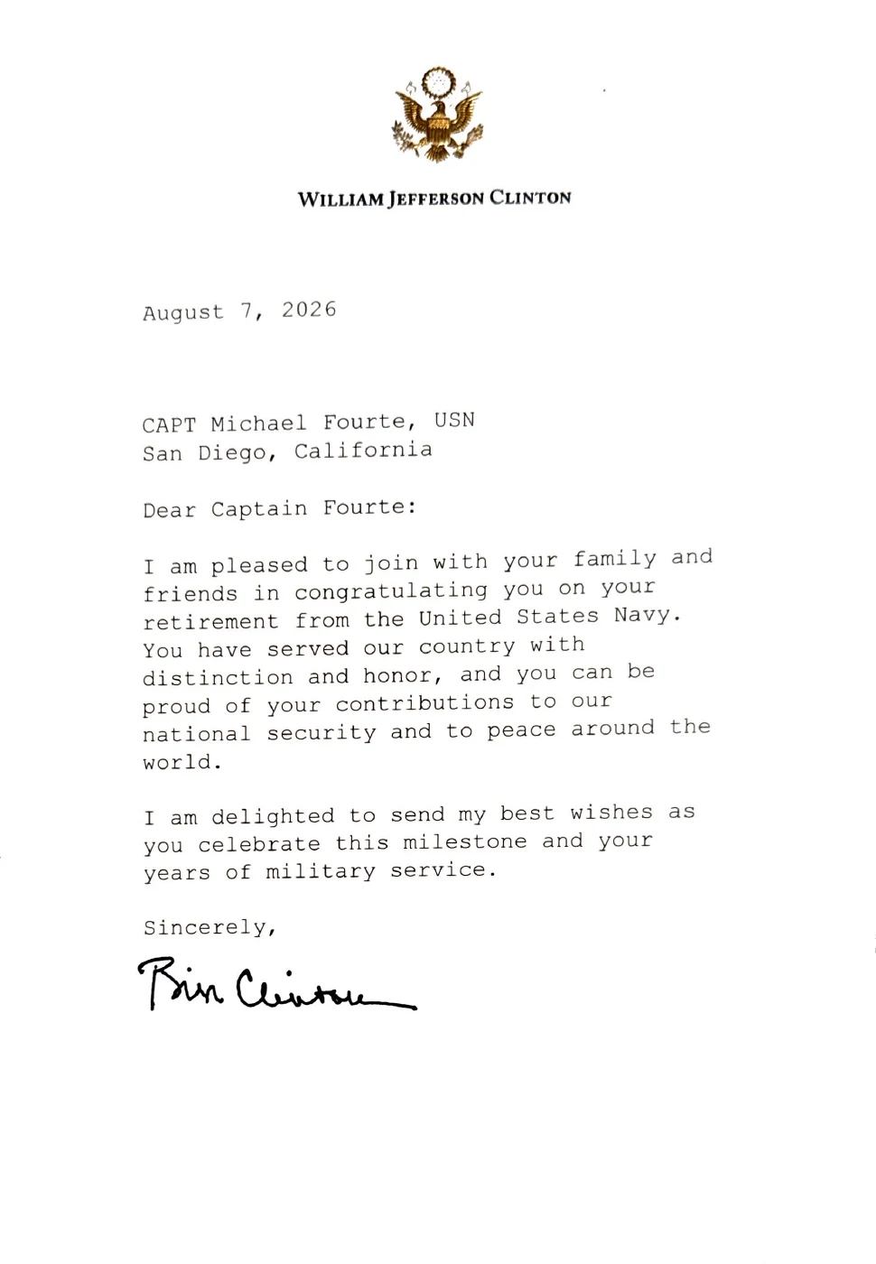 Retirement letter from Bill Clinton