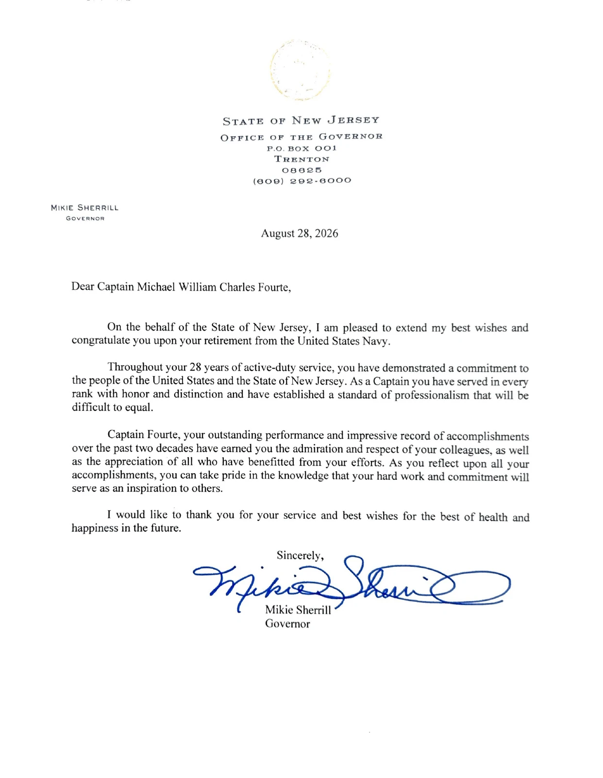 Retirement letter from Governor Mikie Sherrill