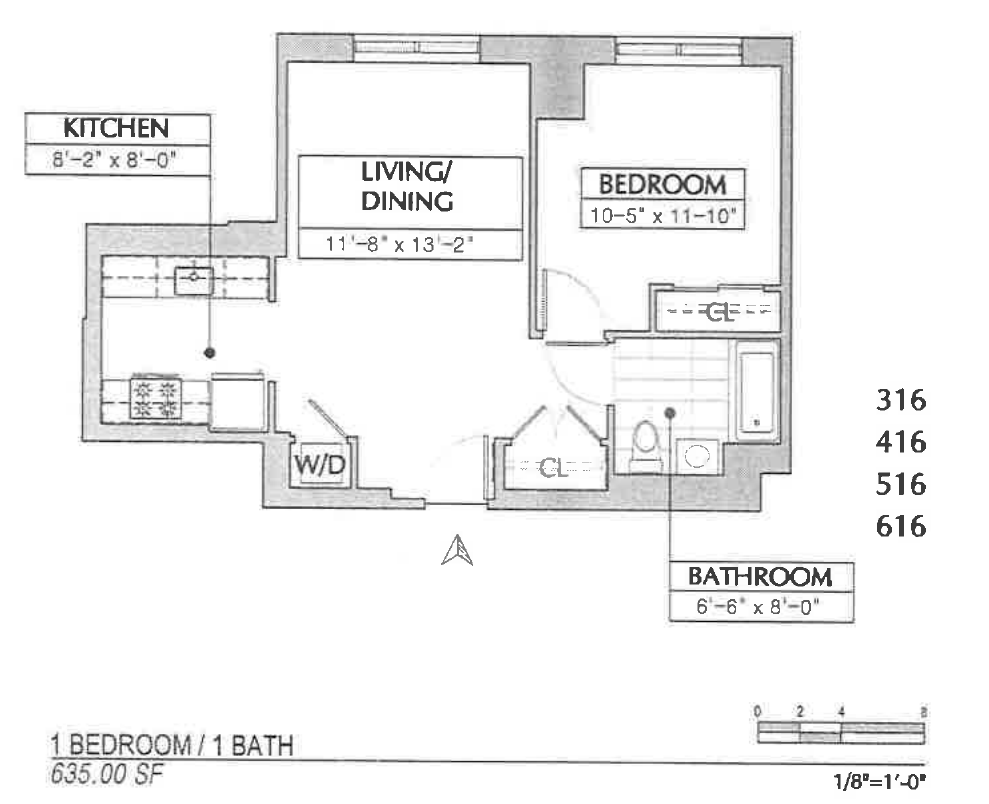 Original architectural plan for Rennie units 316 through 616, with kitchen, living/dining room, bedroom, bathroom and closets.